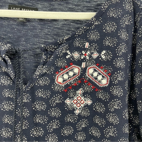 Lane Bryant Navy Embroidered Top, Tassel Neckline, Modal Blend, Size 18/20 - Picture 2 of 6